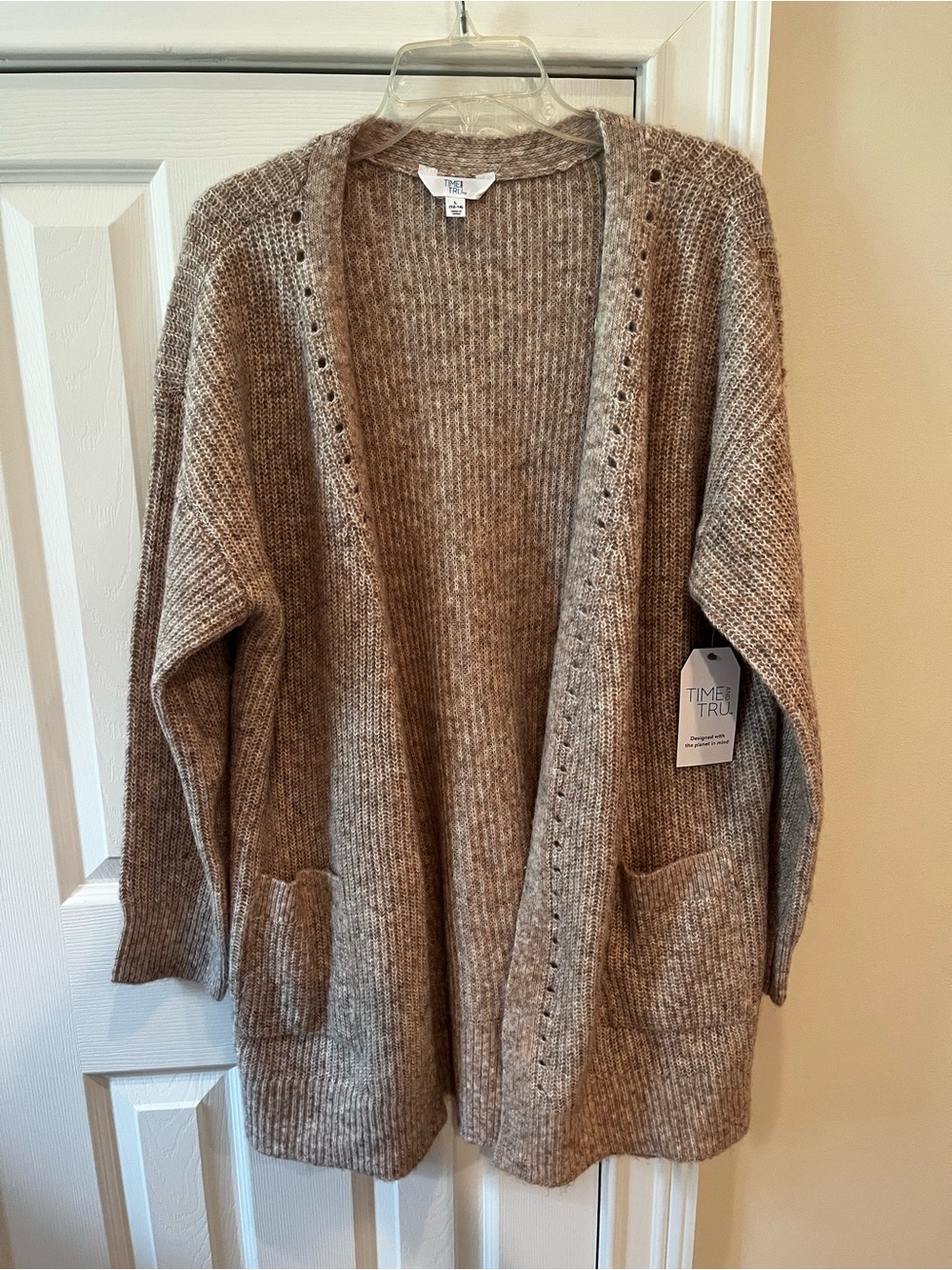 NWT Time and Tru Taupe Open-Front Ribbed Cardigan with Pockets